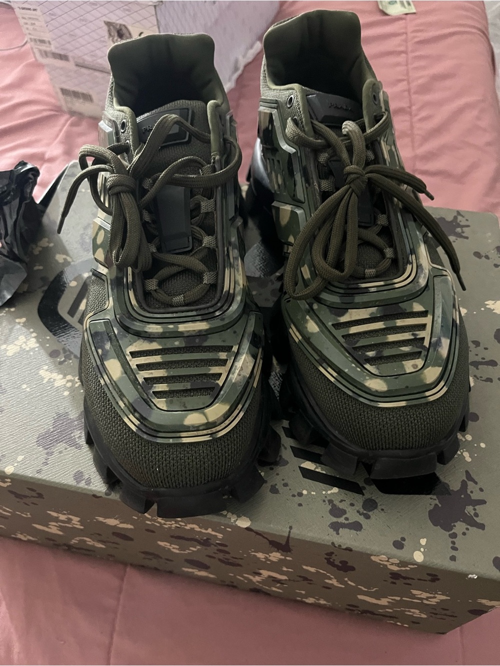 Prada mens Camouflage Trail Sneakers - Olive Green